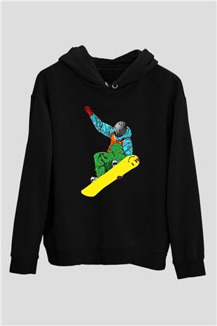 Snowboarding Baskılı Unisex Siyah Kapüşonlu Sweatshirt