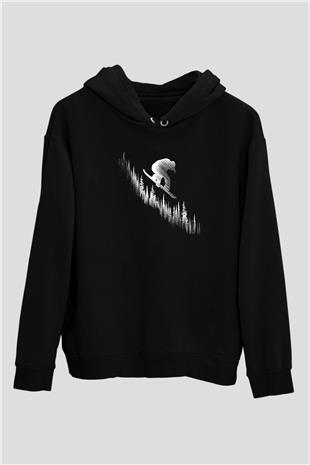 Snowboarding Baskılı Unisex Siyah Kapüşonlu Sweatshirt