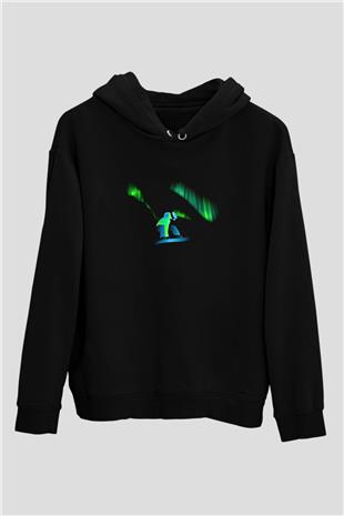 Snowboarding Baskılı Unisex Siyah Kapüşonlu Sweatshirt