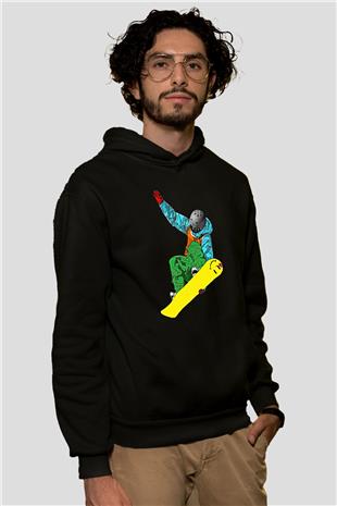Snowboarding Baskılı Unisex Siyah Kapüşonlu Sweatshirt