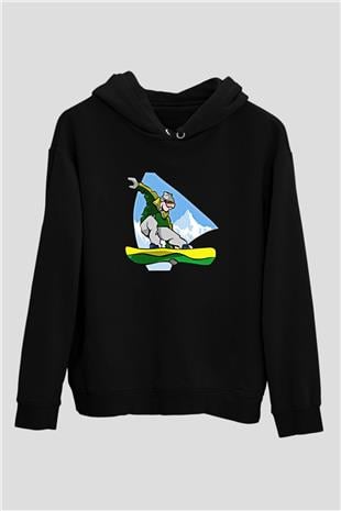 Snowboarding Baskılı Unisex Siyah Kapüşonlu Sweatshirt