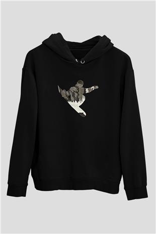 Snowboarding Baskılı Unisex Siyah Kapüşonlu Sweatshirt
