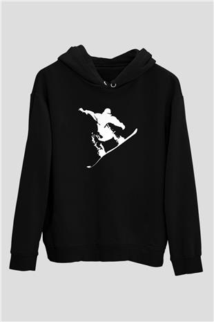 Snowboarding Baskılı Unisex Siyah Kapüşonlu Sweatshirt