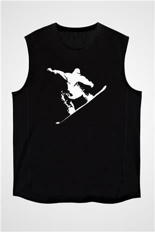 Snowboarding Baskılı Unisex Siyah Kolsuz Tişört
