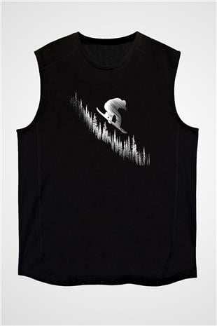 Snowboarding Baskılı Unisex Siyah Kolsuz Tişört