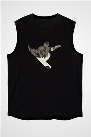 Snowboarding Baskılı Unisex Siyah Kolsuz Tişört