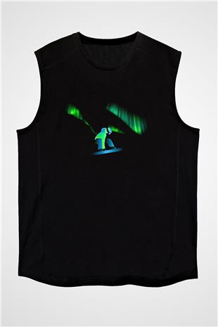 Snowboarding Baskılı Unisex Siyah Kolsuz Tişört