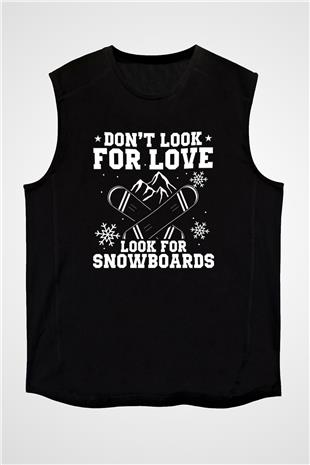 Snowboarding Baskılı Unisex Siyah Kolsuz Tişört