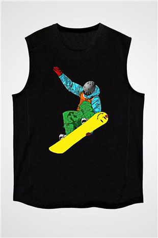 Snowboarding Baskılı Unisex Siyah Kolsuz Tişört