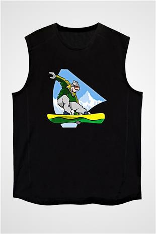 Snowboarding Baskılı Unisex Siyah Kolsuz Tişört