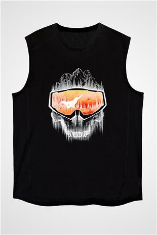 Snowboarding Baskılı Unisex Siyah Kolsuz Tişört