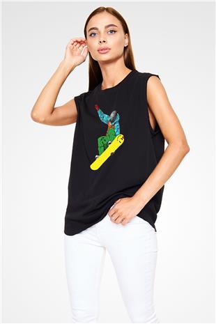 Snowboarding Baskılı Unisex Siyah Kolsuz Tişört