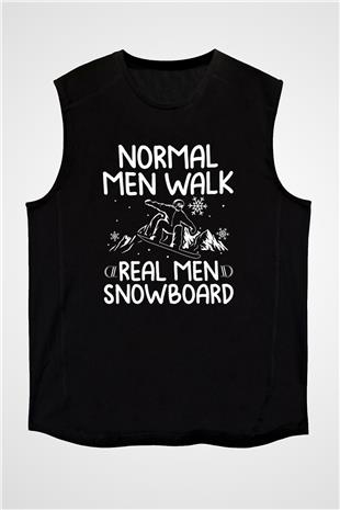 Snowboarding Baskılı Unisex Siyah Kolsuz Tişört