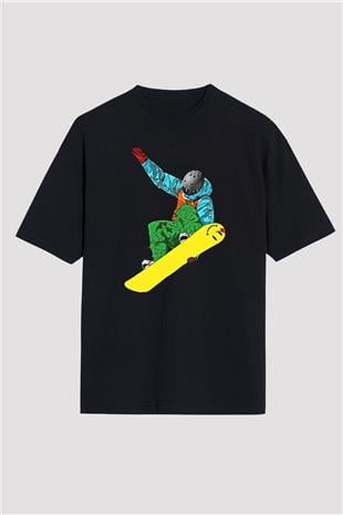 Snowboarding Baskılı Unisex Siyah Oversize Tişört