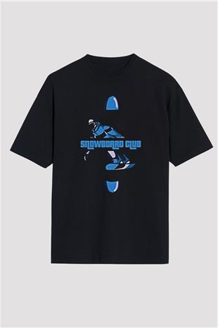 Snowboarding Baskılı Unisex Siyah Oversize Tişört