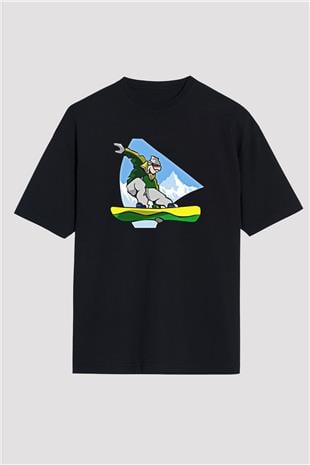 Snowboarding Baskılı Unisex Siyah Oversize Tişört