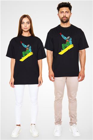 Snowboarding Baskılı Unisex Siyah Oversize Tişört