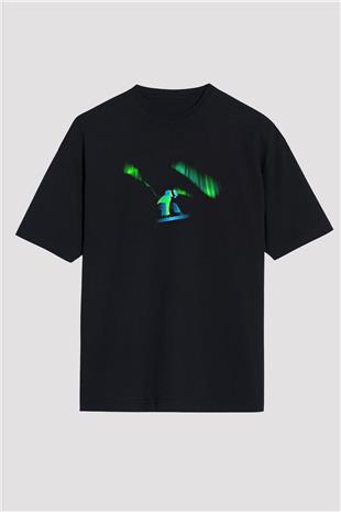 Snowboarding Baskılı Unisex Siyah Oversize Tişört