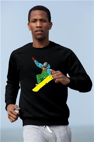 Snowboarding Baskılı Unisex Siyah Sweatshirt