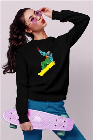 Snowboarding Baskılı Unisex Siyah Sweatshirt