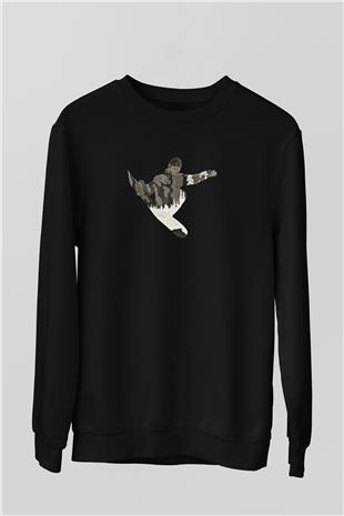 Snowboarding Baskılı Unisex Siyah Sweatshirt