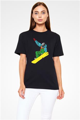 Snowboarding Baskılı Unisex Siyah Tişört - Tshirt