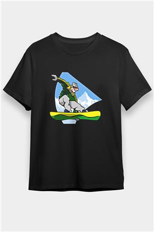 Snowboarding Baskılı Unisex Siyah Tişört - Tshirt