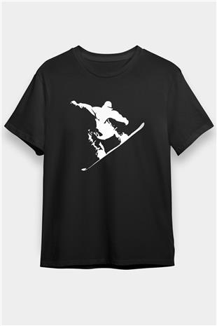 Snowboarding Baskılı Unisex Siyah Tişört - Tshirt