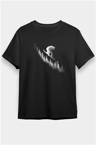 Snowboarding Baskılı Unisex Siyah Tişört - Tshirt