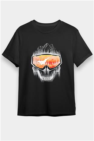 Snowboarding Baskılı Unisex Siyah Tişört - Tshirt