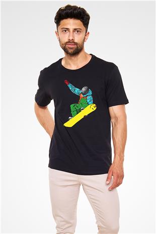 Snowboarding Baskılı Unisex Siyah Tişört - Tshirt