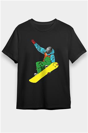 Snowboarding Baskılı Unisex Siyah Tişört - Tshirt