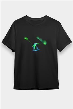 Snowboarding Baskılı Unisex Siyah Tişört - Tshirt