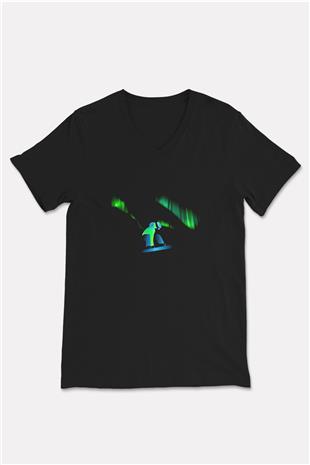 Snowboarding Baskılı Unisex Siyah V Yaka Tişört
