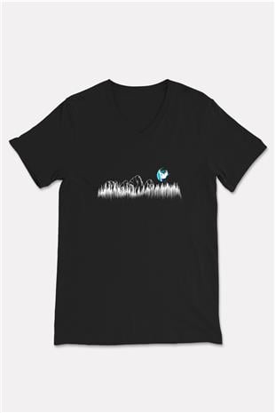 Snowboarding Baskılı Unisex Siyah V Yaka Tişört