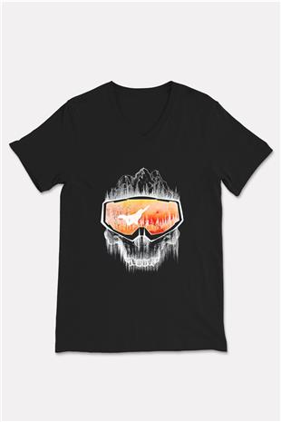 Snowboarding Baskılı Unisex Siyah V Yaka Tişört