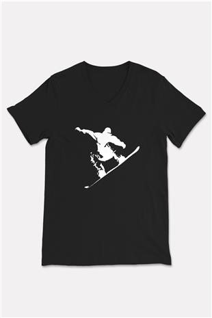 Snowboarding Baskılı Unisex Siyah V Yaka Tişört