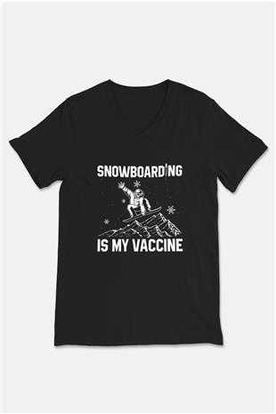 Snowboarding Baskılı Unisex Siyah V Yaka Tişört