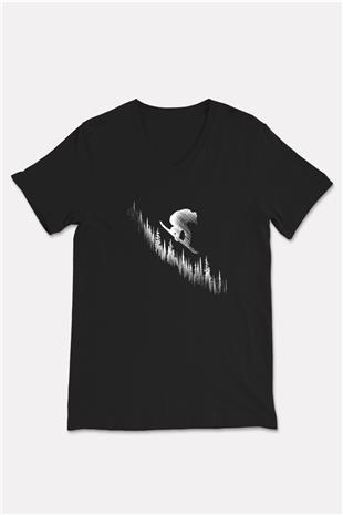 Snowboarding Baskılı Unisex Siyah V Yaka Tişört