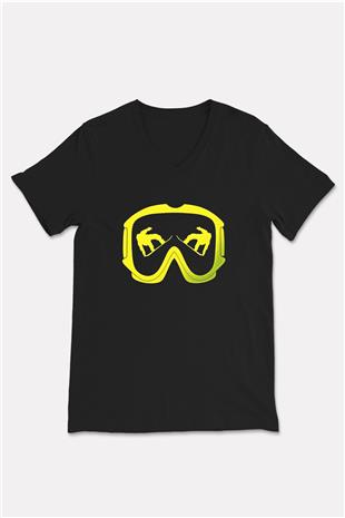 Snowboarding Baskılı Unisex Siyah V Yaka Tişört