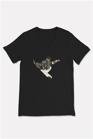 Snowboarding Baskılı Unisex Siyah V Yaka Tişört