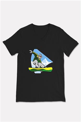 Snowboarding Baskılı Unisex Siyah V Yaka Tişört