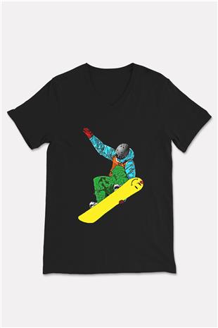 Snowboarding Baskılı Unisex Siyah V Yaka Tişört