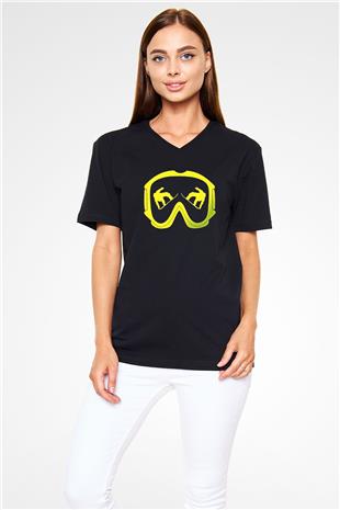 Snowboarding Baskılı Unisex Siyah V Yaka Tişört