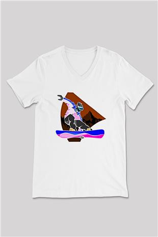 Snowboarding Baskılı Unisex V Yaka Tişört - Tshirt