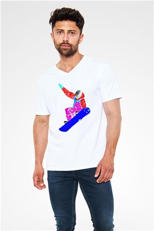 Snowboarding Baskılı Unisex V Yaka Tişört - Tshirt