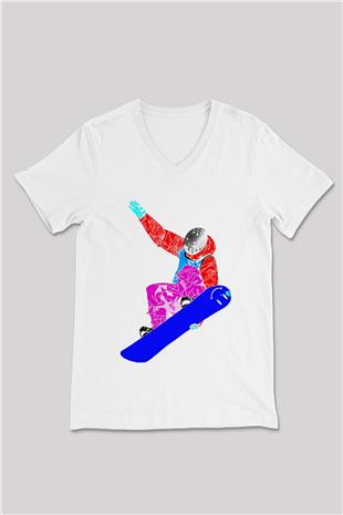 Snowboarding Baskılı Unisex V Yaka Tişört - Tshirt