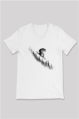 Snowboarding Baskılı Unisex V Yaka Tişört - Tshirt