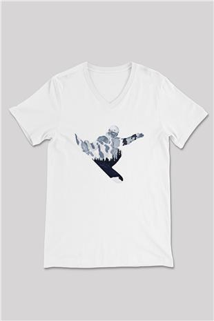 Snowboarding Baskılı Unisex V Yaka Tişört - Tshirt