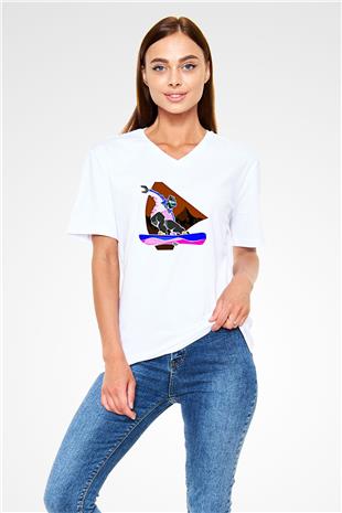 Snowboarding Baskılı Unisex V Yaka Tişört - Tshirt